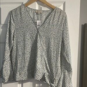 LOFT Green and White Wrap Blouse with 3/4 Sleeves